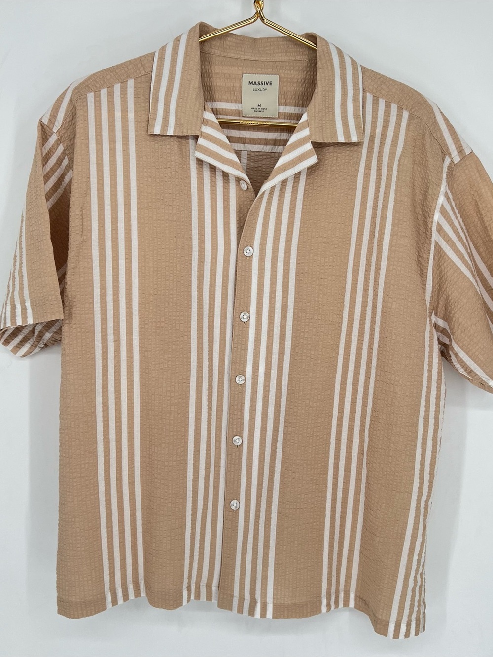 Massive Luxury Men's Short Sleeve Beige Stripe Button-Up‎ Shirt 100% Cotton M